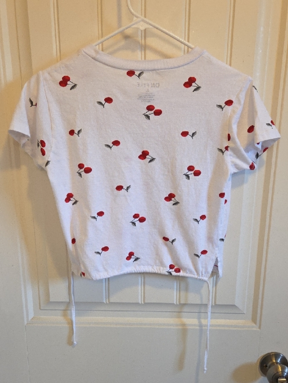 Cherry Print White Drawstring Crop Top - Picture 4 of 6